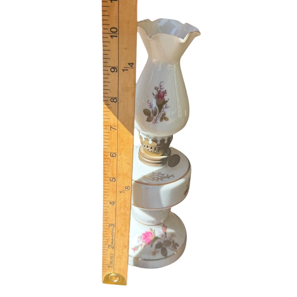 Vintage Japan Porcelain Floral Oil Lamp Pink Roses Gold Trim Hurricane Style 10" - Picture 14 of 15